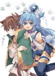  1boy 1girl :i absurdres animal_ears aqua_(konosuba) belt blue_eyes blue_footwear blue_hair blue_shirt blue_skirt blue_thighhighs blush boots bow bowtie brown_belt brown_hair cape capelet cat_boy cat_ears cat_tail crossed_arms detached_sleeves dog_ears dog_girl dog_tail embarrassed excited fang footprints gem green_bow green_bowtie green_cape green_capelet green_eyes hair_between_eyes hair_ornament hair_rings hand_on_another&#039;s_shoulder highres kono_subarashii_sekai_ni_shukufuku_wo! long_hair long_sleeves looking_at_viewer open_mouth pants paw_print paw_print_background pekeheihou satou_kazuma shirt short_hair simple_background single_hair_ring skirt smile smiley_face tail thigh-highs thigh_boots white_background white_shirt white_sleeves 
