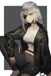  1girl black_jacket bra braid breasts collarbone denim eyepatch fishnets foot_out_of_frame frown girls_frontline grey_background hand_on_own_leg highres jacket jeans long_hair long_sleeves m16a1_(boss)_(girls&#039;_frontline) m16a1_(girls&#039;_frontline) midriff navel open_clothes open_jacket pants scar scar_on_face simple_background single_braid sitting solo torn_clothes torn_jeans torn_pants underwear white_background white_bra white_hair xanax025 yellow_eyes 