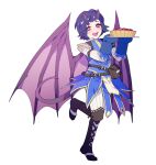  1girl arm_strap arueshalae black_footwear blue_dress blue_hair blue_mittens boots demon_girl demon_horns demon_tail demon_wings dress food full_body holding holding_plate horns leg_up long_sleeves looking_at_viewer maiucal mittens open_mouth pants pathfinder pie plate red_eyes short_hair simple_background smile solo standing tail white_background white_pants wings 