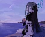 &lt;key&gt;_(robot)_(blue_archive) 1girl absurdres aris_(blue_archive) black_hair black_skirt blue_archive blue_eyes blue_hair chise_01234 clouds coat hair_between_eyes halo highres holding long_hair long_sleeves looking_at_viewer looking_back multicolored_hair ocean open_mouth outdoors shooting_star sitting skirt sky solo star_(sky) very_long_hair water 