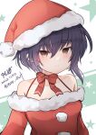  1girl 9610_(kuroto) alternate_breast_size artist_name black_hair bow bowtie brown_eyes dated dress fur-trimmed_dress fur-trimmed_headwear fur_trim hat highres i-13_(kancolle) kantai_collection red_bow red_bowtie red_headwear santa_dress santa_hat short_hair solo spaghetti_strap twitter_username upper_body 