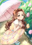  1girl absurdres blush brown_hair dress forehead frilled_dress frilled_umbrella frills garden heart heart_print highres holding holding_umbrella idolmaster idolmaster_cinderella_girls kusakabe_wakaba long_hair looking_at_viewer looking_to_the_side pink_umbrella puffy_short_sleeves puffy_sleeves short_sleeves smile solo squatting umbrella usagichama very_long_hair yellow_dress 