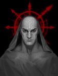  1boy bald black_background chaos_(warhammer) chaos_undivided chaos_undivided_(symbol) collarbone facial_tattoo light_smile looking_at_viewer lorgar_aurelian male_focus muscular muscular_male primarch robe shandira_art spot_color straight-on tattoo thick_eyebrows upper_body warhammer_40k word_bearers 
