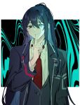  1boy aojiru_oisiiiii aqua_eyes black_coat black_vest blue_hair closed_mouth coat collared_shirt finger_to_mouth half_updo hand_up heterochromia highres hong_lu_(project_moon) limbus_company long_hair long_sleeves looking_at_viewer male_focus necktie project_moon red_necktie shirt shushing smile solo upper_body very_long_hair vest white_shirt wing_collar 