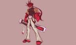  1boy absurdres brown_hair guilty_gear headband highres non-web_source purple_background red_headband simple_background sol_badguy solo 