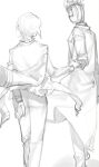  1girl 1other clock coat coat_on_shoulders dante_(limbus_company) faust_(project_moon) fire gloves greyscale highres holding_hands ivy_(675671) limbus_company long_sleeves monochrome object_head pants project_moon ribbed_sweater sketch sweater walking 