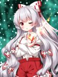  1girl blush bow collared_shirt cowboy_shot fire fujiwara_no_mokou hair_bow highres long_hair long_sleeves looking_at_viewer one_eye_closed open_mouth pants red_eyes red_pants ruu_(tksymkw) shirt sleeve_garter solo touhou white_bow white_hair white_shirt 