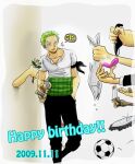  ball black_bow bow fish flower green_hair happy_birthday jewelry male_swimwear ring roronoa_zoro shirt swim_briefs sword weapon wedding_ring white_shirt 