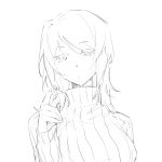  1girl breasts closed_mouth faust_(project_moon) greyscale hair_twirling highres ivy_(675671) large_breasts limbus_company looking_at_viewer monochrome project_moon ribbed_sweater short_hair simple_background sketch solo sweater upper_body 