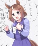  1girl animal_ears breasts brown_eyes brown_hair clenched_hands commentary_request emphasis_lines grey_background hair_ornament hairclip highres horse_ears horse_girl horse_tail long_sleeves looking_at_viewer multicolored_hair open_mouth purple_shirt purple_skirt sangria_(sangria69) school_uniform shirt short_hair skirt small_breasts smile solo speech_bubble streaked_hair tail tracen_school_uniform translation_request tsurumaru_tsuyoshi_(umamusume) umamusume upper_body v-shaped_eyebrows 