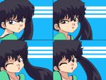  1girl black_hair blue_background green_leotard happy kunou_kodachi leotard light_smile lips looking_at_viewer one_eye_closed ranma_1/2 variations wanta_(futoshi) 