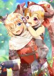  1boy 1girl :d aliza_(granblue_fantasy) animal_ear_fluff animal_ears bare_shoulders black_thighhighs blonde_hair blue_eyes blurry blurry_background blush bow brown_gloves brown_hair brown_pants carrying commentary_request commission day depth_of_field draph erune feet_out_of_frame gloves granblue_fantasy hair_bow hair_over_one_eye hand_on_another&#039;s_ear hand_on_another&#039;s_head horns kou_hiyoyo long_hair long_sleeves outdoors pants piggyback ponytail red_bow red_eyes red_shirt shirt skeb_commission smile stan_(granblue_fantasy) sweat thigh-highs very_long_hair 