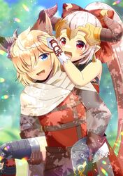  1boy 1girl :d aliza_(granblue_fantasy) animal_ear_fluff animal_ears bare_shoulders black_thighhighs blonde_hair blue_eyes blurry blurry_background blush bow brown_gloves brown_hair brown_pants carrying commentary_request commission day depth_of_field draph erune feet_out_of_frame gloves granblue_fantasy hair_bow hair_over_one_eye hand_on_another&#039;s_ear hand_on_another&#039;s_head horns kou_hiyoyo long_hair long_sleeves outdoors pants piggyback ponytail red_bow red_eyes red_shirt shirt skeb_commission smile stan_(granblue_fantasy) sweat thigh-highs very_long_hair 