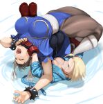  1girl absurdres ahoge backbreaker blonde_hair blue_eyes bracelet breasts brown_hair bun_cover cammy_white catfight china_dress chinese_clothes chun-li closed_eyes double_bun dress earrings hair_bun highres huge_ahoge jacket jewelry kineluchs large_breasts muscular muscular_female open_mouth pain pants pantyhose partially_submerged sash scar short_hair spiked_bracelet spikes street_fighter street_fighter_6 studded_bracelet submission_hold surfboard_(wrestling) thighs wrestling 