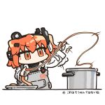  1girl a.i._voice adachi_rei afterimage apron chibi commentary_request cooking cooking_pot food grey_apron hair_ribbon hand_up headlamp headphones jacket long_sleeves no_mouth no_sclera noodles one_side_up open_clothes open_jacket orange_eyes orange_hair plate radio_antenna reakaki ribbon solo translation_request upper_body utau v-shaped_eyebrows white_background white_jacket white_ribbon 