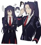  2boys aojiru_oisiiiii belt black_belt black_coat black_vest brothers coat collared_shirt crossed_arms highres hong_lu_(project_moon) jia_huan_(project_moon) limbus_company long_hair long_sleeves looking_at_viewer multiple_boys multiple_views necktie project_moon red_eyes red_necktie shirt siblings simple_background twintails two_side_up vest white_background white_shirt 