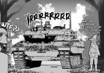 1boy 1girl absurdres artist_name beard boots cannon caterpillar_tracks english_commentary facial_hair greyscale hat high_collar highres leopard_2 military_vehicle monochrome motor_vehicle original speech_bubble tank vehicle_focus witch_hat z666ful 