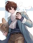  2boys ahoge alternate_costume animal_on_shoulder bag baguette belt blue_background blue_coat blue_shirt bread brown_eyes brown_hair brown_pants cinnamoroll coat cowboy_shot cup disposable_cup food frown granblue_fantasy highres holding holding_bag holding_cup long_sleeves looking_at_viewer male_focus messy_hair momeme55 multiple_boys pants sandalphon_(granblue_fantasy) sanrio scarf shirt shopping_bag short_hair simple_background striped striped_shirt twitter_username two-tone_background white_background white_scarf 