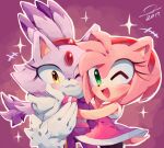  2girls amy_rose animal_ears bad_deviantart_id bad_id blaze_the_cat cat_ears cat_girl cat_tail forehead_jewel fur-trimmed_gloves fur_trim gloves green_eyes hairband highres hug looking_at_viewer mario_&amp;_sonic_at_the_olympic_games multiple_girls one_eye_closed pink_fur purple_fur red_hairband smile sonic_(series) sonicaimblu19 super_mario_bros. tail white_gloves yellow_eyes 