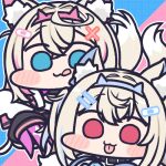  2girls animal_ear_fluff animal_ears bandaid bandaid_hair_ornament black_collar blonde_hair blue_eyes blue_hair blue_hairband chibi collar crossed_bangs dog_ears dog_girl dog_tail double-parted_bangs fake_horns fuwawa_abyssgard hair_between_eyes hair_intakes hair_ornament hairband hairclip hololive hololive_english horns jazz_jack long_hair lowres mococo_abyssgard multicolored_hair multiple_girls pink_eyes pink_hair pink_hairband short_hair siblings sisters streaked_hair tail tongue tongue_out twins two_side_up virtual_youtuber x_hair_ornament 