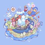  baby_mario blue_background broom broom_riding casting_spell coin commentary egg english_text floating flower flying game_boy_advance handheld_game_console holding holding_wand leaphere magikoopa mountain piranha_plant sharp_teeth shy_guy simple_background smile super_mario_bros. super_mario_world_2:_yoshi&#039;s_island teeth wand yoshi 