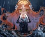  1girl belt black_belt black_jacket black_pants black_vest bow freckles green_eyes hair_bow highres holding_orb huanxue ishmael_(project_moon) jacket limbus_company long_hair long_sleeves looking_at_viewer ocean orange_hair pants project_moon rain solo storm very_long_hair vest water white_bow 