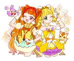  2girls ? amanogawa_kirara aroma_(go!_princess_precure) blonde_hair blunt_bangs bow bowtie brooch bubble_skirt choker commentary_request cone_hair_bun cosplay costume_switch cure_sparkle cure_twinkle dress earrings gloves go!_princess_precure green_eyes hair_bun hair_ornament healin&#039;_good_precure healing_animal heart heart_hair_ornament hiramitsu_hinata hoppetoonaka3 jewelry long_hair magical_girl multicolored_hair multiple_girls nyatoran_(precure) one_eye_closed open_mouth orange_bow orange_bowtie pom_pom_(clothes) pom_pom_earrings precure simple_background skirt star_(symbol) star_brooch star_earrings twintails two-tone_hair v vest violet_eyes white_gloves yellow_choker yellow_vest 