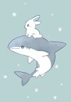  :3 animal animal_focus blue_background blue_eyes highres no_humans on_head original rabbit shark simple_background sitting star_(symbol) starry_background toneko 