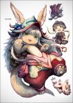 1boy 1girl 1other blonde_hair brown_fur brown_jacket cape creature facial_mark fake_horns falling furry furry_other glasses green_eyes grey_hair helmet horizontal_pupils horned_helmet horns jacket k-suwabe long_hair looking_at_viewer low_twintails made_in_abyss mechanical_arms midair missing_eye mitty_(made_in_abyss) multicolored_pants nanachi_(made_in_abyss) pants puffy_pants red_cape regu_(made_in_abyss) riko_(made_in_abyss) tail twintails whiskers 