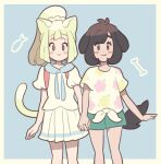  animal_ears blue_background blue_eyes bone cat_ears cat_tail dog_ears dog_tail fish furrification furry green_eyes highres holding_hands lillie_(pokemon) loveycloud pokemon selene_(pokemon) simple_background tail yuri 