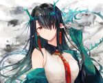  1girl aqua_skin arknights bare_shoulders black_hair closed_mouth dragon_horns dragon_tail dusk_(arknights) hand_up horns ink long_hair looking_at_viewer multicolored_hair neck_tassel pointy_ears red_eyes solo streaked_hair tail upper_body very_long_hair york0pm 