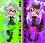  2girls bare_shoulders black_footwear black_hair bow-shaped_hair callie_(splatoon) commentary_request cousins cross-shaped_pupils detached_collar food food_on_hair gloves gradient_hair green_background green_hair green_pantyhose long_hair manmen_mi marie_(splatoon) mole mole_under_eye multicolored_hair multiple_girls pantyhose pink_hair pink_pantyhose purple_background smile splatoon_(series) splatoon_1 sushi symbol-shaped_pupils teeth two-tone_hair white_gloves white_hair yellow_eyes 