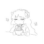  1girl :3 bow chibi closed_eyes closed_mouth collared_shirt flower freckles greyscale hair_bow hairband highres ishmael_(project_moon) ivy_(675671) limbus_company long_hair long_sleeves monochrome necktie project_moon shirt sketch smile solo very_long_hair 