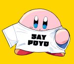 blush_stickers clothes_writing colored_skin commentary_request kirby kirby_(series) looking_at_viewer ni_re no_humans pink_skin shirt simple_background solid_oval_eyes solo white_shirt yellow_background 