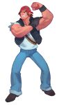  1boy bandana black_footwear brown_eyes brown_hair denim fl_(l-fl) gloves hand_up highres ikari_warriors jeans mature_male muscular pants ralf_jones shirt simple_background single_glove soldier solo the_king_of_fighters thick_eyebrows vest white_background white_shirt 