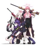  4girls aru_(blue_archive) black_hair blue_archive character_request demon_horns dr_yamero grey_halo gun halo highres horns multiple_girls pink_halo problem_solver_68_(blue_archive) purple_hair purple_halo red_eyes red_halo redhead short_hair violet_eyes weapon white_background white_hair yellow_eyes 