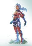  1girl armor bodysuit breasts dark-skinned_female dark_skin elma_(xenoblade_x) gloves grass long_hair open_mouth signature simple_background solo suneiaaa twitter_username white_hair wind xenoblade_chronicles_(series) xenoblade_chronicles_x 