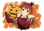  1girl bow bowtie brown_hair clenched_teeth crown dress e.g.o_(project_moon) jack-o&#039;-lantern library_of_ruina long_hair long_sleeves looking_at_viewer malkuth_(project_moon) mini_crown pink_nails project_moon red_bow red_bowtie red_dress solo sparkle teeth upper_body york0pm 