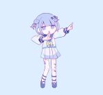  1girl :o blue_background blue_bow blue_eyes blue_footwear blue_hair blunt_bangs bow chouzetsusaikawa_tenshi-chan chouzetsusaikawa_tenshi-chan_(cosplay) commentary_request cosplay full_body hair_bow hair_ornament indie_utaite internet_overdose iroha_amamizu jellyfish_hair_ornament long_sleeves looking_at_viewer multicolored_hair needy_girl_overdose open_mouth pink_hair pleated_skirt pose_imitation sailor_collar school_uniform serafuku shoes short_hair simple_background skirt solo standing streaked_hair utaite virtual_youtuber wotoha wotoha_(character) yellow_bow 