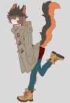  1boy :3 aak_(arknights) alternate_costume animal_ears arknights black_hair blue_pants boots braid brown_footwear commentary_request dated eyeshadow from_side grey_background grey_jacket hair_over_one_eye hands_in_pockets jacket leg_up looking_at_viewer makeup male_focus nishi_juuji pants red_eyeshadow red_shirt shirt short_hair side_braid simple_background slit_pupils solo tail yellow_eyes 