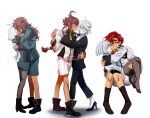 2girls ahoge asticassia_school_uniform blush boots carrying closed_eyes couple dancing earrings grey_hair gundam gundam_suisei_no_majo hair_down hairband high_heels highres hug jewelry kiss korean_commentary long_hair looking_at_viewer miorine_rembran multiple_girls multiple_views no_shoes nyong-choi official_alternate_hair_length official_alternate_hairstyle pantyhose ponytail princess_carry redhead ring school_uniform short_hair shorts simple_background smile socks suit suletta_mercury thick_eyebrows wedding_ring white_background wife_and_wife yuri