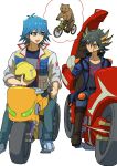  2boys absurdres animal bear belt bicycle black_hair blue_eyes blue_hair blue_jacket boots brown_footwear bruno_(yu-gi-oh!) commentary_request d-wheel denim expressionless facial_mark facial_tattoo fudou_yuusei grey_eyes helmet high_collar highres holding image_in_thought_bubble jacket jeans knee_pads looking_at_another male_focus marking_on_cheek motor_vehicle motorcycle motorcycle_helmet multicolored_hair multiple_boys open_clothes open_jacket open_mouth pants riding riding_bicycle shoes short_hair shoulder_pads simple_background sitting sleeves_rolled_up smile sneakers spiky_hair streaked_hair tattoo thought_bubble unworn_headwear unworn_helmet white_background white_footwear youko-shima yu-gi-oh! yu-gi-oh!_5d&#039;s 
