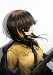  1girl absurdres assault_rifle black_hair black_jacket closed_mouth eyepatch girls_frontline gun highres jacket long_hair looking_to_the_side m16 m16a1 m16a1_(girls&#039;_frontline) mario_(inverse_atelier) rifle scar shirt simple_background upper_body weapon yellow_shirt 