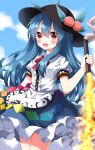  1girl :d blue_hair blue_sky blush clouds day hair_between_eyes hat highres hinanawi_tenshi holding holding_sword holding_weapon long_hair looking_at_viewer open_mouth outdoors peach_hat_ornament petticoat red_eyes ruu_(tksymkw) shirt sky smile solo sword sword_of_hisou touhou very_long_hair weapon white_shirt wing_collar 
