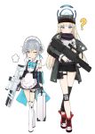  2girls ? absurdres alternate_costume apron aqua_bow assault_rifle asymmetrical_legwear black_shorts blue_archive boots bow briefcase coat cosplay costume_switch crossover dhk117 earpiece fingerless_gloves full_body g11_(girls&#039;_frontline) g11_(girls&#039;_frontline)_(cosplay) girls_frontline gloves grey_hair gun h&amp;k_g11 halo hat highres holding holding_briefcase holding_gun holding_weapon knee_pads maid maid_apron maid_headdress multiple_girls one_eye_closed rifle scarf short_shorts shorts standing thigh_pouch toki_(blue_archive) toki_(blue_archive)_(cosplay) trigger_discipline weapon white_background 