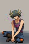  1boy absurdres bare_shoulders belt black_hair black_tank_top blue_eyes blue_pants boots brown_footwear collarbone crossed_legs fudou_yuusei grey_background hands_on_lap highres knee_pads leaning leaning_forward leather_belt looking_to_the_side male_focus multicolored_hair own_hands_together pants short_hair simple_background sitting smile solo spiky_hair streaked_hair tank_top youko-shima yu-gi-oh! yu-gi-oh!_5d&#039;s 