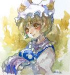  1girl absurdres animal_ears blonde_hair blue_tabard dress fox_ears hands_in_opposite_sleeves hat highres long_sleeves mob_cap ofuda ofuda_on_clothes one-hour_drawing_challenge portrait shiroma_(mamiko) short_hair solo tabard touhou traditional_media white_dress white_headwear wide_sleeves yakumo_ran yellow_eyes 