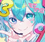  1girl aqua_eyes aqua_hair aqua_nails close-up closed_mouth hair_between_eyes hatsune_miku headset heart_stickers highres long_hair looking_at_viewer miku_day noa_hxx smile solo star_(symbol) star_in_eye symbol_in_eye twintails vocaloid 
