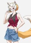  1girl animal_ear_fluff bare_arms bare_shoulders black_eyes blue-framed_eyewear bracelet commentary_request cowboy_shot denim denim_shorts earrings extra_ears glasses grey_background hand_on_own_hip highres holding_eyeball japanese_marten_(kemono_friends) jewelry kemono_friends looking_at_viewer midriff multicolored_hair navel orange_hair short_hair shorts simple_background smile solo tail tanabe_(fueisei) two-tone_hair white_hair 