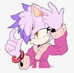  1girl adjusting_hair animal_ears arm_up bad_id bad_twitter_id bathrobe blaze_the_cat cat_ears cat_girl eyelashes forehead_jewel furry furry_female hair_down hair_over_one_eye highres purple_fur simple_background sonic_(series) stellarspin sweatdrop two-tone_fur yellow_eyes 